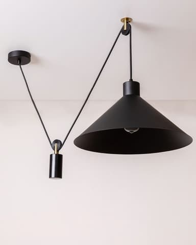 A black conical pendant light featuring an adjustable suspension system with brass-accented pulleys and a cylindrical counterweight, designed for flexible height adjustment. — 3D model