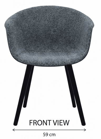 A contemporary dining armchair featuring a molded shell seat and back, fully upholstered in a speckled dark grey fabric, supported by four splayed, tapered black legs. — 3D model