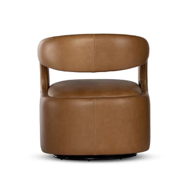 A contemporary swivel armchair upholstered in tan leather, featuring a rounded barrel back and integrated armrests. The chair has prominent contrast stitching along its edges and a concealed swivel base. — 3D model