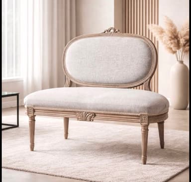 An armless French Neoclassical style settee featuring a light-toned wooden frame with delicate carvings, an oval upholstered backrest, and a rectangular upholstered seat, all supported by fluted tapered legs. — 3D model