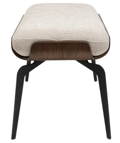 An elongated contemporary bench featuring an upholstered seat nestled within a curved wooden shell, supported by four splayed black metal legs. — 3D model