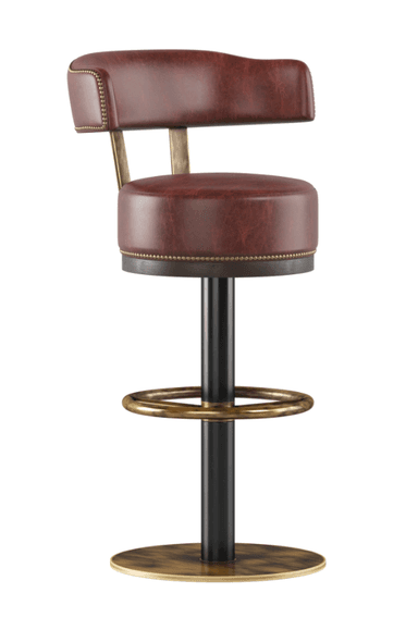 A brown leather bar stool with a metal frame. The seat and backrest are upholstered in dark brown leather and feature decorative nailhead trim along the edges. The backrest is low and curved. The stool has a central black metal pedestal with a round foot and a brass-toned foot ring. The overall design suggests a vintage or industrial aesthetic. — 3D model