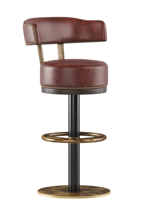 A brown leather bar stool with a metal frame. The seat and backrest are upholstered in dark brown leather and feature decorative nailhead trim along the edges. The backrest is low and curved. The stool has a central black metal pedestal with a round foot and a brass-toned foot ring. The overall design suggests a vintage or industrial aesthetic. — 3D model