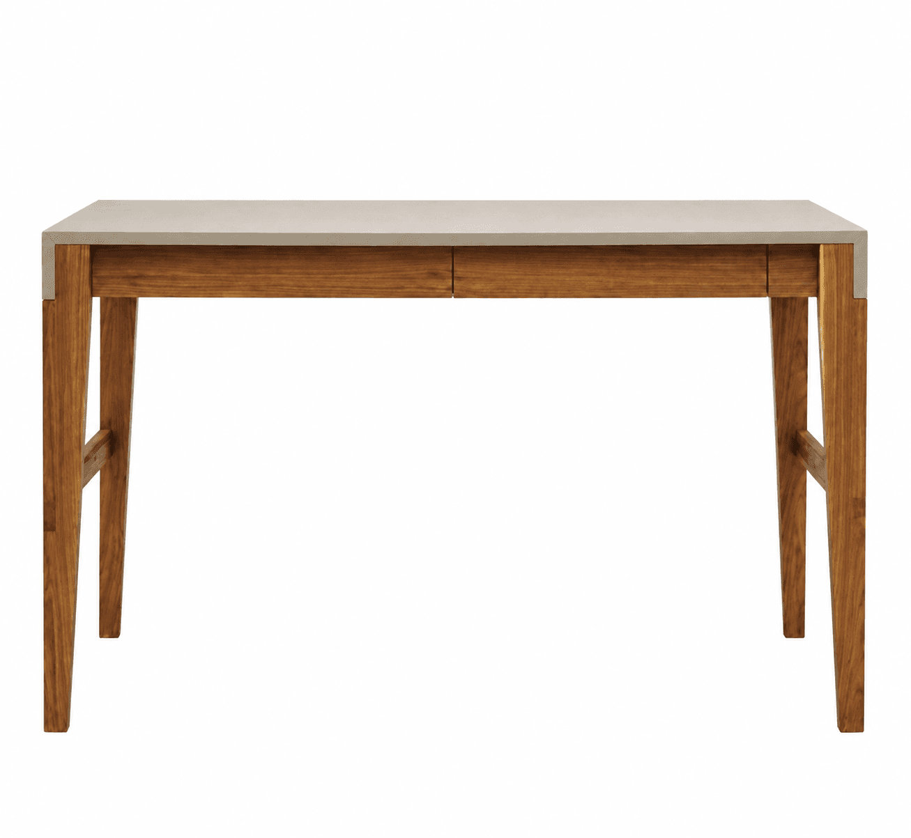 A modern desk featuring a light gray, possibly concrete or composite, rectangular tabletop, supported by a warm-toned wooden frame. The desk includes two integrated drawers positioned centrally beneath the tabletop. Its design is characterized by clean lines and tapered wooden legs, reinforced by horizontal stretchers on each end. — 3D model