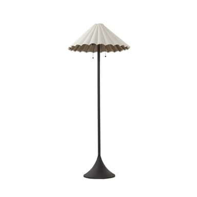 A floor lamp with a conical base, a slender vertical stem, and a pleated, umbrella-like lampshade. The lampshade has a scalloped edge and appears to be made of a fabric or textured material. The stem and base are dark, likely metal. The overall design is modern and elegant. — 3D model