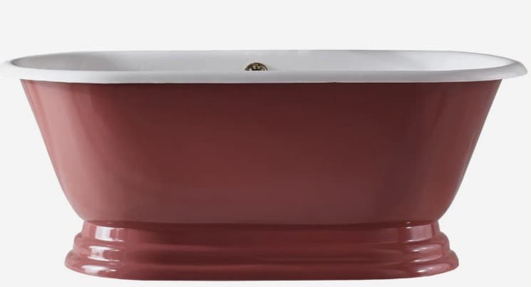 A freestanding bathtub with a pedestal base. The exterior is a deep reddish-brown color, and the interior rim is white. The shape is oval and tapers slightly towards the base. A drain fixture is visible in the center of the interior. — 3D model
