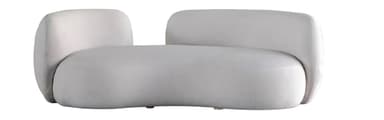 A modern upholstered lounge chair featuring a distinctive organic and curvilinear form. The chair is fully upholstered in a light, neutral fabric, with a low, rounded backrest that flows seamlessly into integrated, wide armrests. Its overall silhouette is characterized by soft, plump contours, suggesting comfort and a sculptural presence. — 3D model