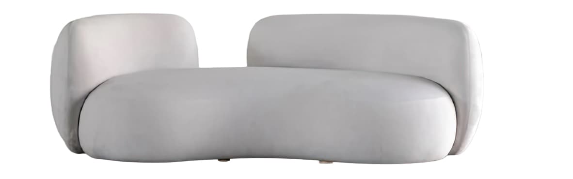 A modern upholstered lounge chair featuring a distinctive organic and curvilinear form. The chair is fully upholstered in a light, neutral fabric, with a low, rounded backrest that flows seamlessly into integrated, wide armrests. Its overall silhouette is characterized by soft, plump contours, suggesting comfort and a sculptural presence. — 3D model