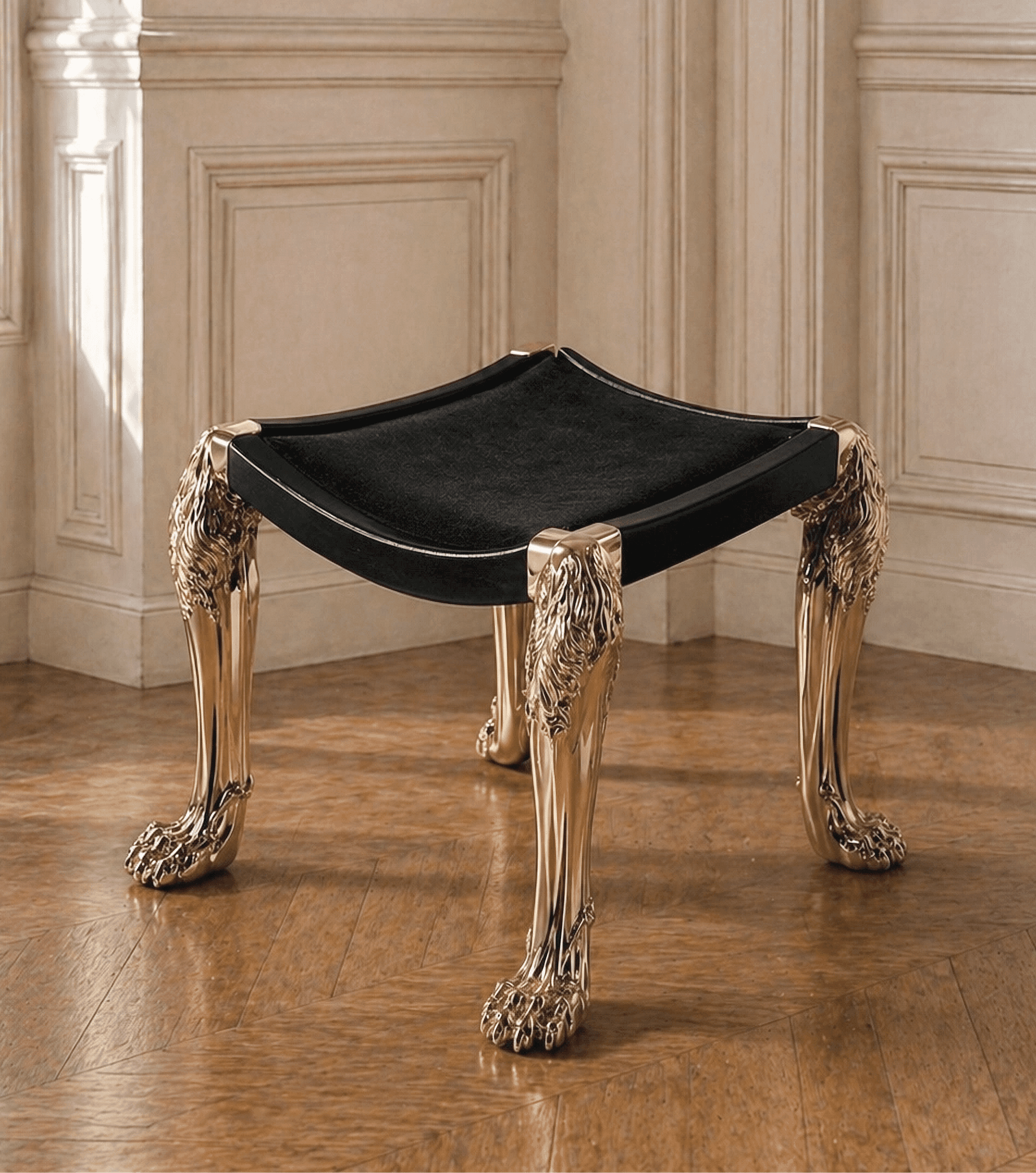 A low, square-shaped ottoman featuring a black velvet upholstered top set within a black lacquered frame. It stands on four highly ornate, gilded metallic legs, sculpted with lion's heads at the top and lion's paws as feet. — 3D model