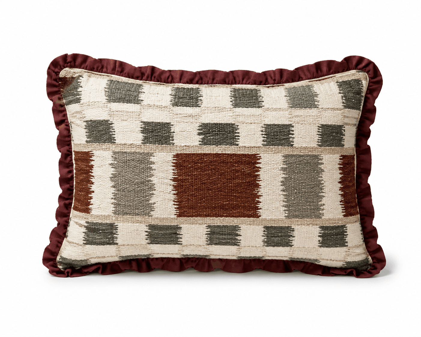 A rectangular throw pillow featuring a woven geometric pattern in shades of beige, brown, and grey, accented with a ruffled maroon trim around its perimeter. The textile exhibits a textured surface, and the pillow appears plump and well-maintained. — 3D model