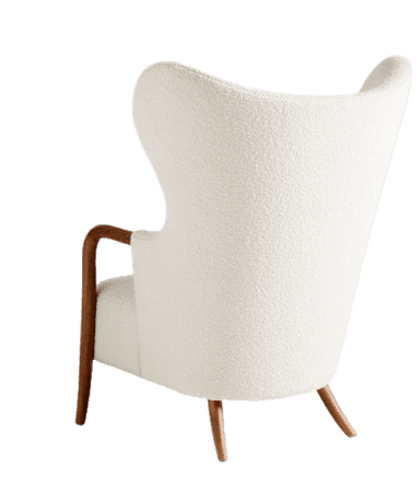 A high-backed wingback armchair upholstered in a textured boucle fabric, featuring exposed curved wooden armrests and tapered wooden legs. — 3D model