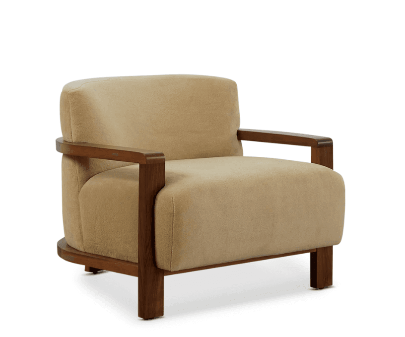 An upholstered armchair featuring a plush, rounded beige fabric body and an exposed dark walnut wooden frame that forms the armrests and legs. — 3D model