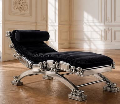 A luxurious and modern chaise lounge featuring a highly polished chrome or silver-toned metal frame with a black velvet upholstered body. The frame is intricately designed with decorative spherical accents and a sculptural, curvilinear base. The seating surface is tufted, and there is an integrated cylindrical headrest. The overall aesthetic is one of modern glamor and opulence. — 3D model