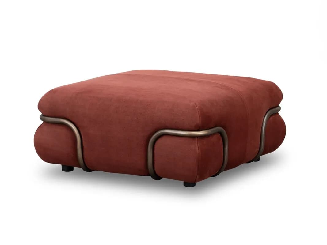 A square, heavily upholstered ottoman featuring a soft, reddish-brown fabric and a unique external frame of rounded metal tubing in an antique brass finish that cradles the plush cushions. — 3D model