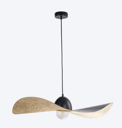 A modern pendant light featuring a distinctive wavy, textured gold-finished metal shade suspended by a black cord from a ceiling canopy. A matte black dome houses the light socket and anchors the sculptural shade, with a clear exposed globe bulb illuminating downwards. — 3D model