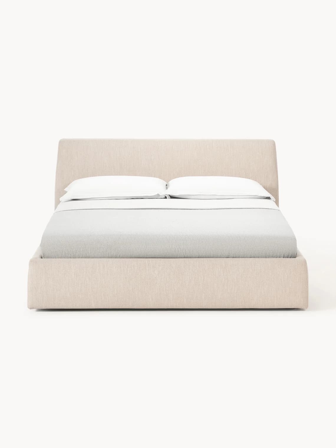 A contemporary upholstered platform bed featuring a low-profile frame and an integrated headboard, covered in a light beige fabric. The design is minimalist, providing a clean and modern aesthetic, and includes bedding with white pillows and a light grey duvet. — 3D model