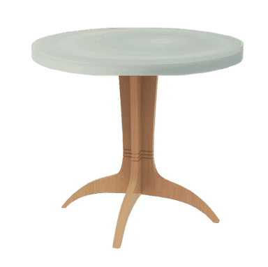 A round dining table with a light-colored, matte tabletop and a central pedestal base with three splayed legs. The base features a decorative fluted detail near the top. The legs are curved and taper to a point. — 3D model