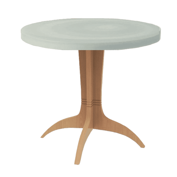 A round dining table with a light-colored, matte tabletop and a central pedestal base with three splayed legs. The base features a decorative fluted detail near the top. The legs are curved and taper to a point. — 3D model