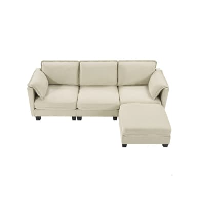 A contemporary three-seat sectional sofa in a light beige fabric, featuring a reversible chaise lounge component. The sofa has clean lines, track arms, and includes individual back cushions and accent pillows. It is elevated on short, dark-colored block feet. — 3D model