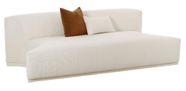 A contemporary daybed upholstered in cream bouclé fabric, featuring a low profile and a gently curved backrest that wraps around one side. Two accent pillows, one square in a rust brown velvet and one rectangular in cream bouclé, are placed on the seating surface. The design is minimalist and emphasizes comfort and lounging. — 3D model