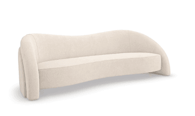 A contemporary sofa featuring a distinctive wavy backrest and seamlessly integrated rounded arms, fully upholstered in a light beige, velvet-like fabric. — 3D model