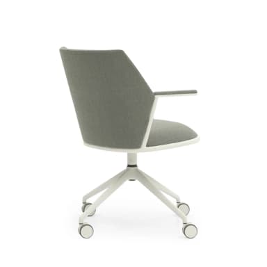 A modern office chair featuring grey fabric upholstery, a minimalist white frame with integrated armrests, and a five-star swivel base with casters. — 3D model