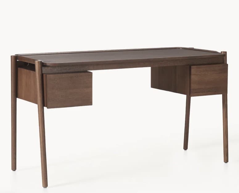 A modern, minimalist writing desk constructed from dark-stained wood. It features a rectangular top with a slightly raised edge, creating a tray-like surface, and a darker central inlay. The desk is supported by four slender, tapered round legs. Two compact, single drawers are suspended beneath the desktop, one on each side, maintaining a clean and elegant profile. — 3D model