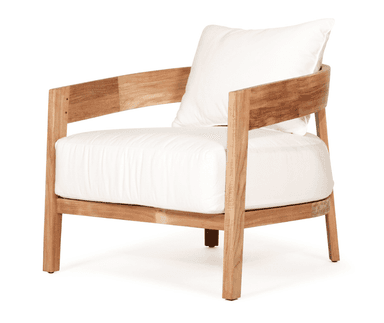 A modern outdoor lounge chair featuring a sturdy teak wood frame and plush white cushions. The design emphasizes clean lines and natural materials, suitable for a contemporary outdoor living space. — 3D model