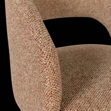 A modern accent chair with a curved backrest and a fixed seat. The chair features a swivel base with four splayed wooden legs. The upholstery has a textured weave with flecks of orange and brown. — 3D model