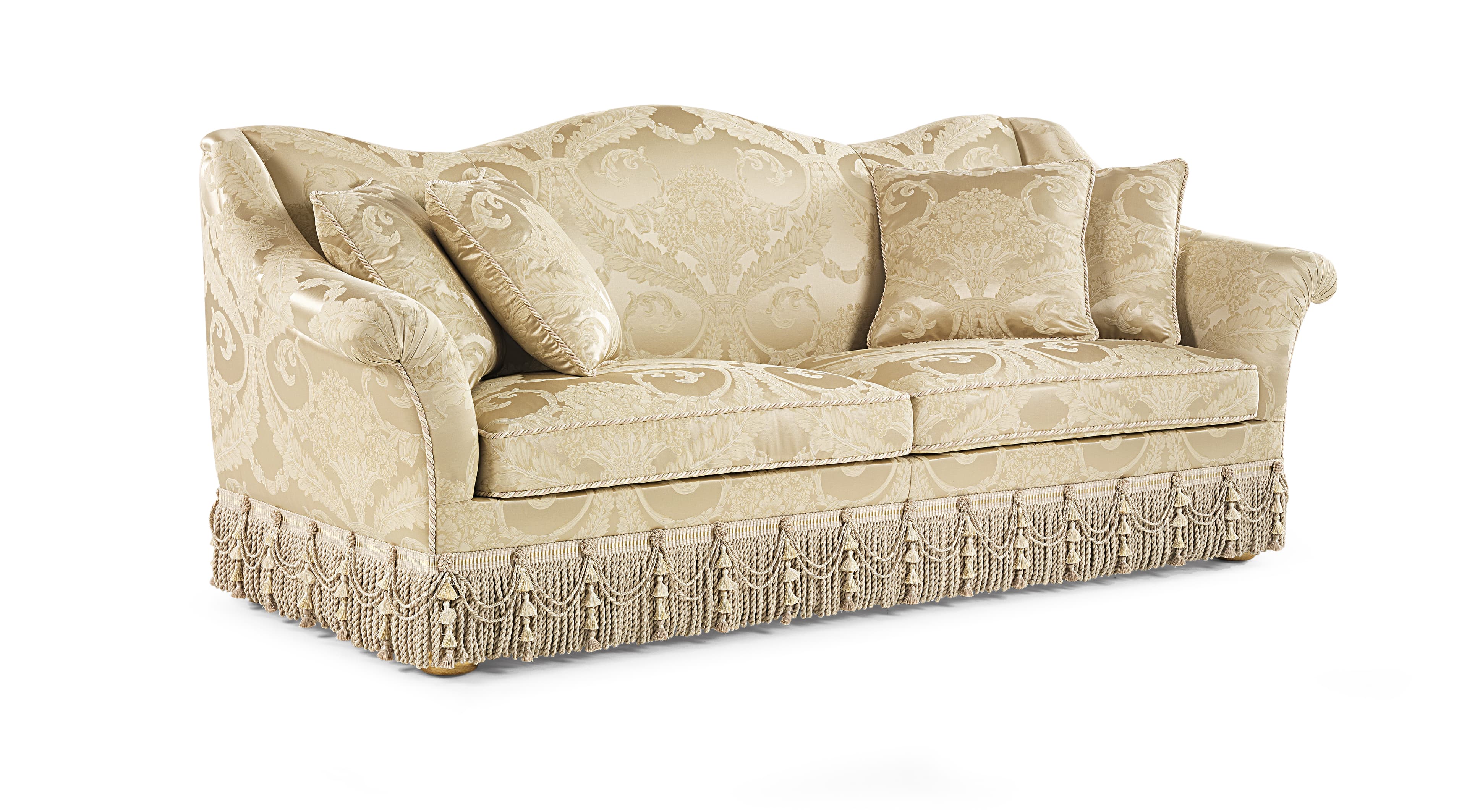 A classic, three-seater sofa with a high, curved back and rolled arms. The upholstery is a light cream or beige damask fabric with an ornate, repeating pattern. It features decorative fringe along the bottom base. Several scatter cushions are placed on the sofa, also upholstered in the same damask fabric. — 3D model
