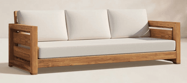 A contemporary three-seater outdoor sofa featuring a sturdy teak wood frame and three plush, off-white upholstered cushions for both the seat and backrest. The frame has a slatted design on the armrests and visible wood grain, indicating natural material and construction suitable for outdoor use. — 3D model