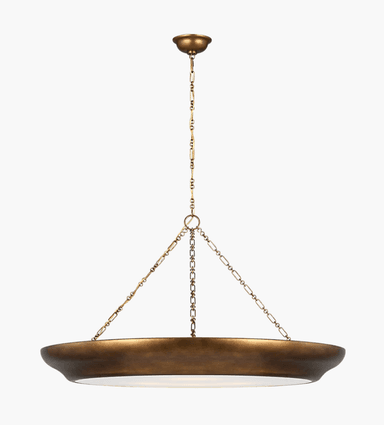 A brass-finished chandelier with a wide, shallow bowl-shaped pan supported by chains. The fixture is suspended from a ceiling canopy by a central chain, with additional chains radiating outwards to support the pan. The design appears to be of a transitional or perhaps traditional style. — 3D model