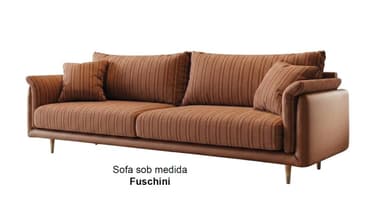 A contemporary three-seater sofa featuring a distinctive blend of materials and textures. The main body, including the arms and lower frame, is upholstered in a smooth, solid brown material, likely faux leather or a similar synthetic fabric. The seat cushions, back cushions, and accent pillows are covered in a contrasting lighter brown fabric with subtle vertical pinstripes. The sofa has a low-profile design, supported by slender, tapered metal legs, providing an elevated and modern aesthetic. It includes two large back cushions, two seat cushions, and three smaller accent pillows, all contributing to a comfortable and stylish appearance. — 3D model