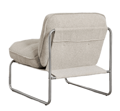A modern armchair featuring a plush, upholstered seat and backrest supported by a sleek, tubular metal frame. The fabric has a textured, boucle-like appearance. The armchair lacks armrests and has a low-profile design. — 3D model