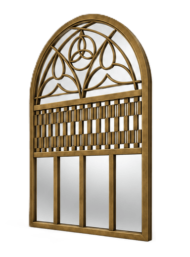 A large, arched wall mirror featuring an ornate brass frame. The top section showcases intricate, openwork metalwork with a knot-like design. Below this, a section of interlaced horizontal and vertical brass strips creates a textured, decorative band. The lower portion consists of multiple rectangular mirror panels framed by the brass structure. — 3D model