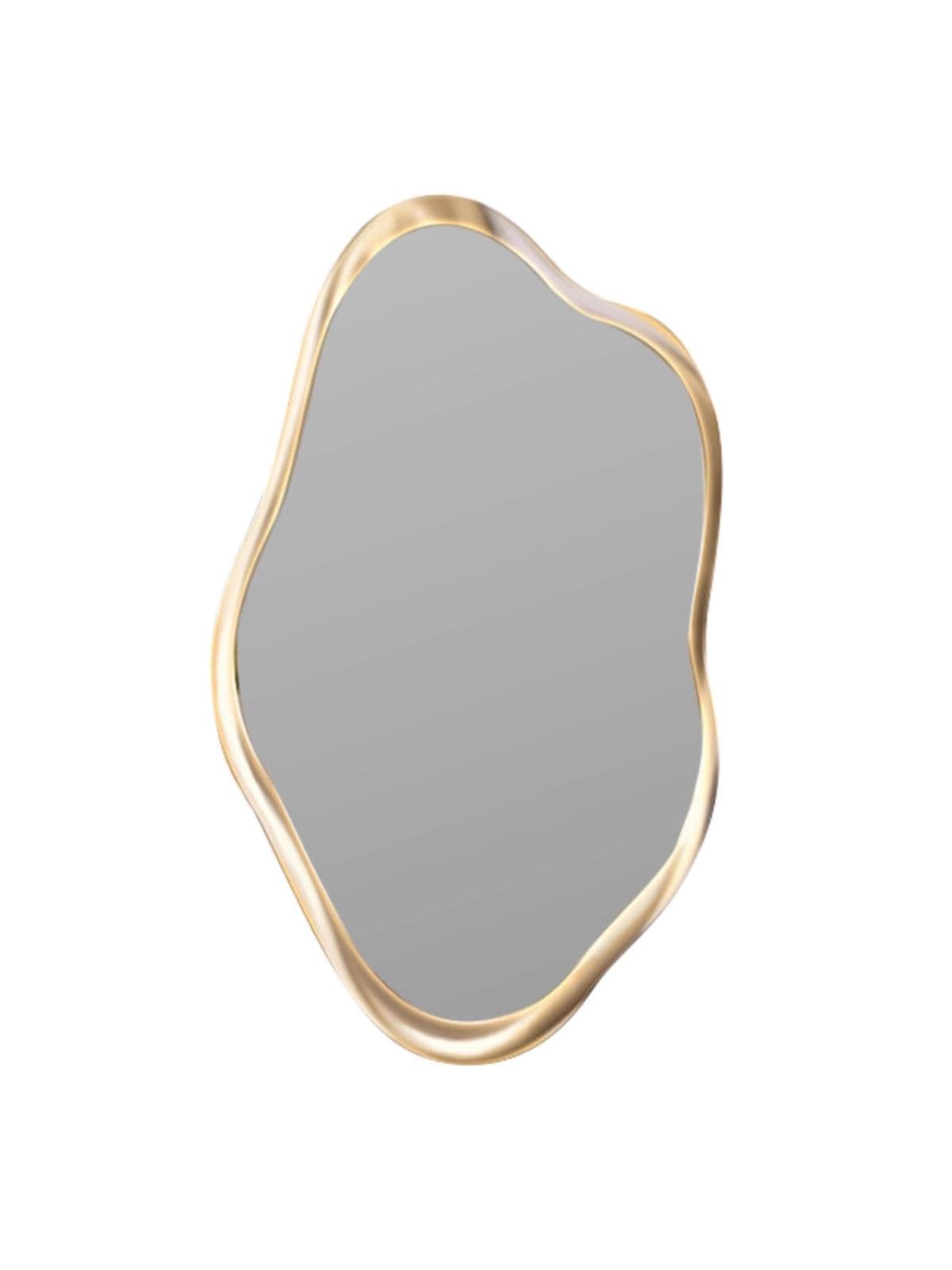 An irregular, organically shaped mirror with a thin, polished gold-toned metal frame. The reflective surface is central and appears to be glass. The frame has a fluid, contour-like appearance. — 3D model