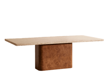 A robust table featuring a light-colored, rectangular travertine top with a natural, chiseled edge, supported by a substantial, rounded pedestal base crafted from rich, patterned burl wood. — 3D model