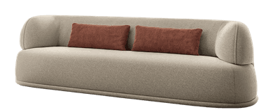 A contemporary two-seater sofa featuring a solid, rounded silhouette upholstered in a light, textured fabric, accompanied by two rectangular accent pillows. — 3D model