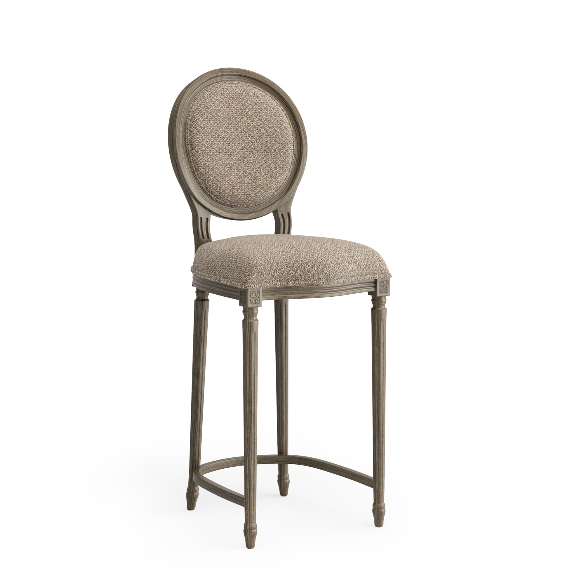 A tall, French Country style bar stool with an oval upholstered backrest and seat, featuring a distressed gray wood frame. — 3D model