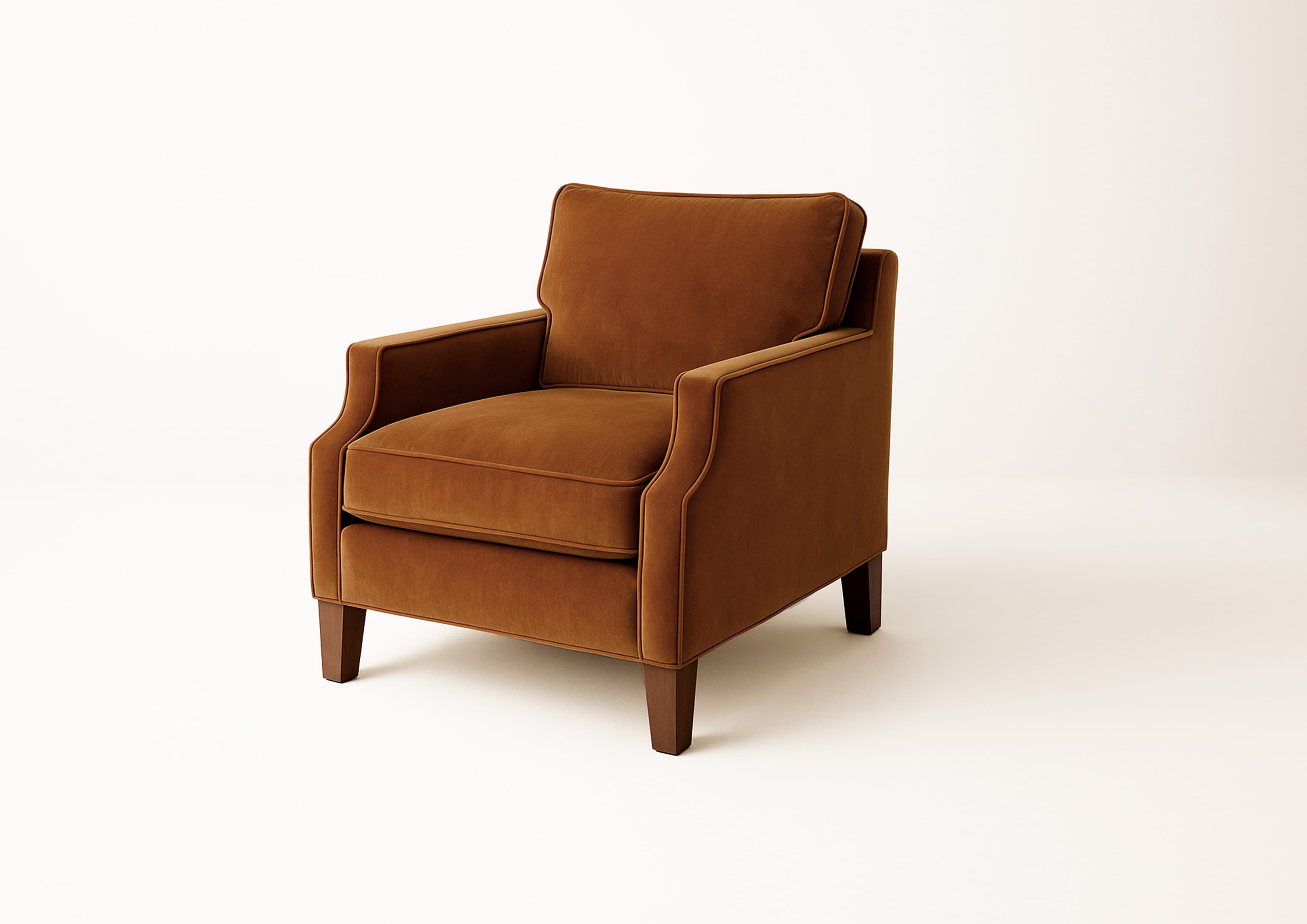 A plush armchair with a rich, warm upholstery and a supportive backrest. It features elegantly curved armrests and is supported by four tapered wooden legs. The seat and back cushions are designed for comfort, with piped edges enhancing its tailored appearance. — 3D model