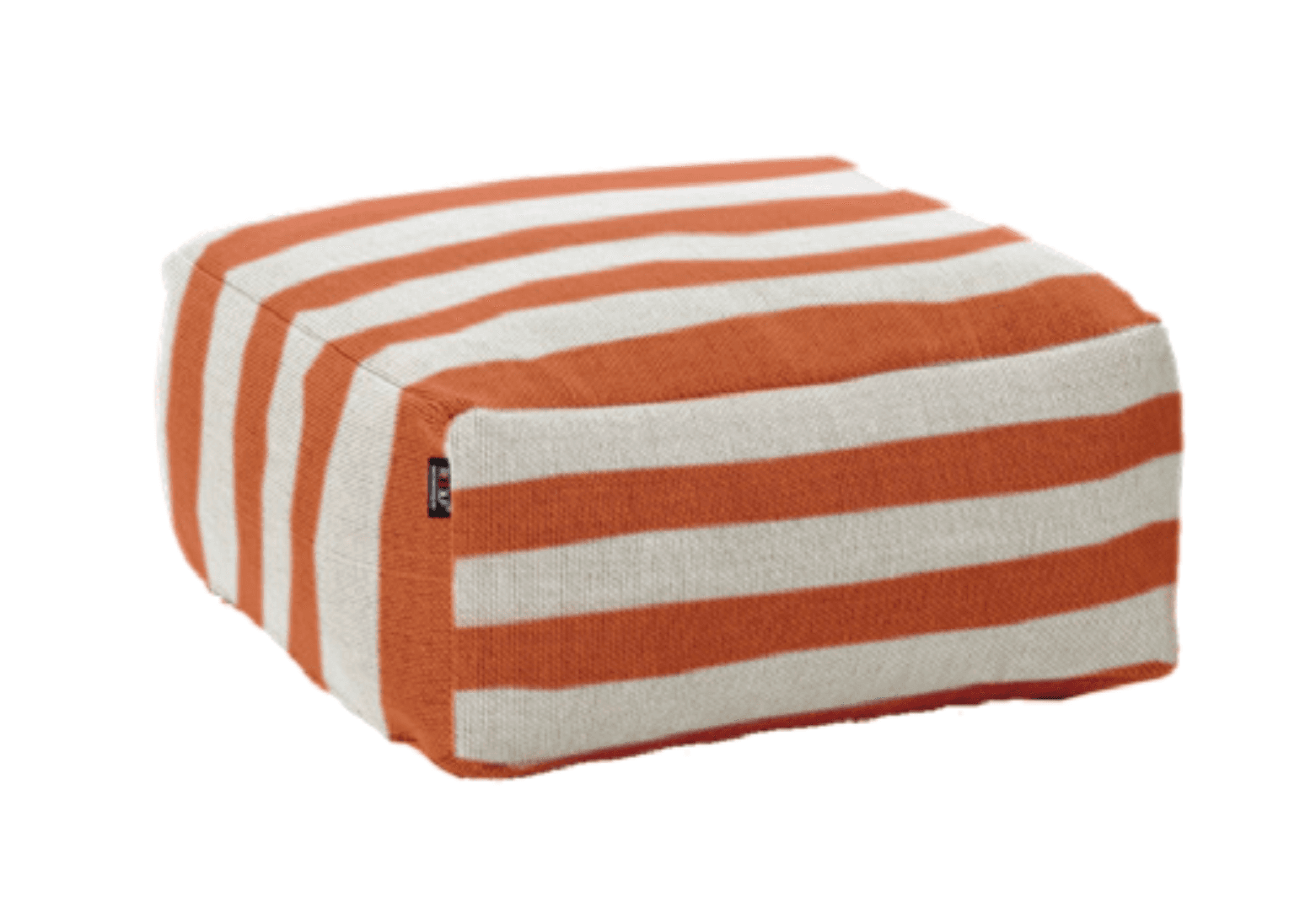 A rectangular, cube-shaped pouf upholstered in a knitted fabric featuring horizontal stripes. The stripes alternate between a terracotta or burnt orange color and an off-white or cream color. The pouf appears soft and substantial, designed for casual seating or as a footrest. A small dark tag with a logo is visible on one side. — 3D model