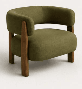 A contemporary lounge chair featuring a distinctive curved, generously padded backrest and seat, upholstered in a textured olive green fabric. The seating unit is supported by a robust, exposed wooden frame with rounded edges, visible on the sides and forming the legs. The design emphasizes comfort and a soft, inviting aesthetic with a modern influence. — 3D model