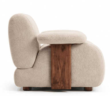 A contemporary lounge chair upholstered in a cream-colored bouclé fabric, featuring a soft, rounded silhouette and exposed wooden structural elements. — 3D model