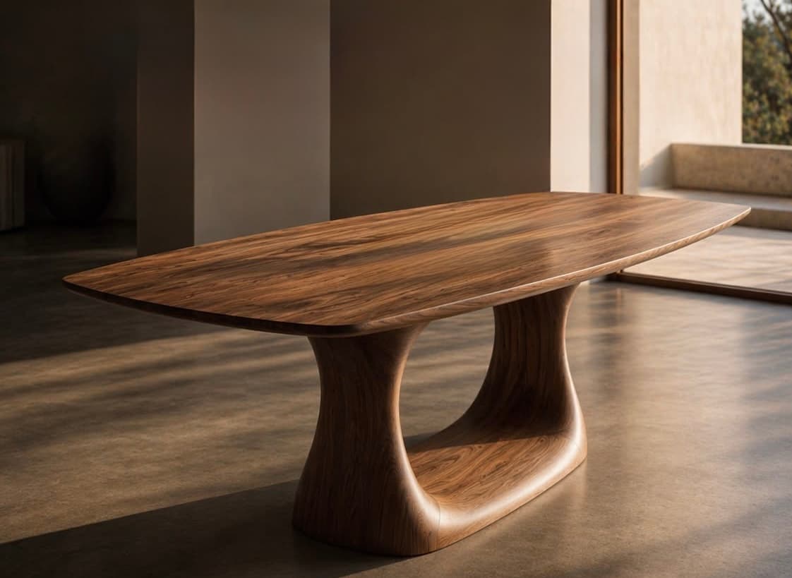 A contemporary coffee table featuring a sculpted, organic base and a rectangular top with rounded corners, all crafted from dark walnut wood. — 3D model
