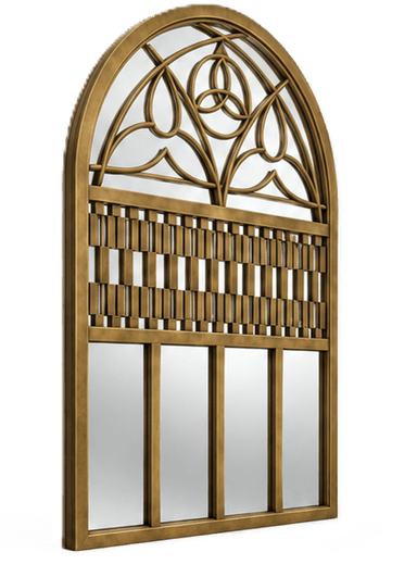 A large, arched wall mirror featuring an ornate brass frame. The top section showcases intricate, openwork metalwork with a knot-like design. Below this, a section of interlaced horizontal and vertical brass strips creates a textured, decorative band. The lower portion consists of multiple rectangular mirror panels framed by the brass structure. — 3D model