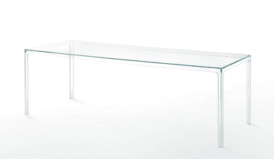 A minimalist, rectangular table constructed entirely from clear glass, featuring a transparent top and legs that are seamlessly integrated into the design. — 3D model