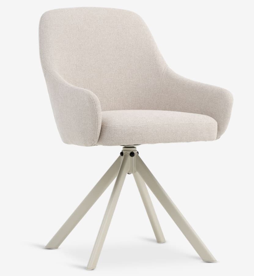 An upholstered chair with a light beige woven fabric seat and back, featuring integrated armrests, supported by a four-legged, light gray metal swivel base. — 3D model