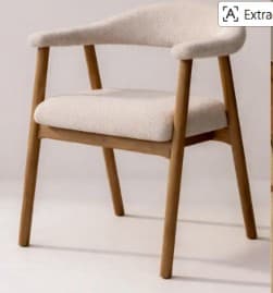 A modern dining or accent chair featuring a light-toned wooden frame and upholstered seat and back. The backrest and armrests form a continuous, gently curved U-shape, all padded and covered in a textured, off-white fabric. The frame consists of four straight, round wooden legs that taper slightly towards the bottom, connected by a wooden apron beneath the seat. — 3D model