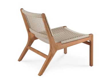 A low-profile lounge chair featuring a natural wood frame with a woven seat and backrest. The frame has a modern, organic shape with angled legs and curved armrests/back supports. The seat and back are constructed from a tightly woven cord or rope material, providing a supportive and comfortable surface. — 3D model