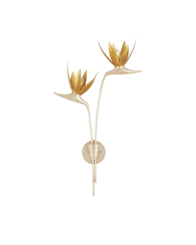 A decorative double-arm wall sconce featuring a botanical, flower-like design. It has a central ribbed mounting plate from which two upward-curving arms extend, each culminating in a multi-petal shade in a golden finish. The arms and mounting plate are in a lighter cream/ivory tone, creating a striking contrast with the gilt shades. — 3D model